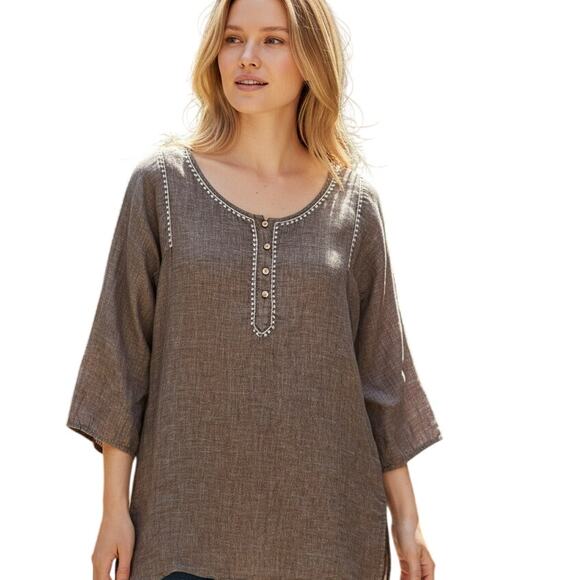 Eddie Bauer Tops - Eddie Bauer Embroidered Linen Top Womens Medium Tall Brown White Boho Lagenlook